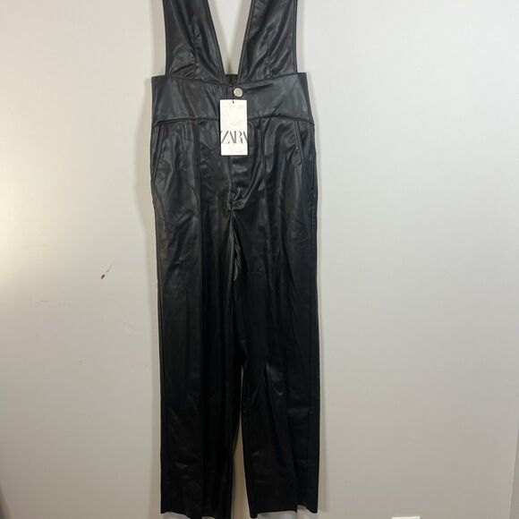 Zara Faux Leather Overalls Jumpsuit XS NWT bloggers favorite straight leg - Picture 5 of 11
